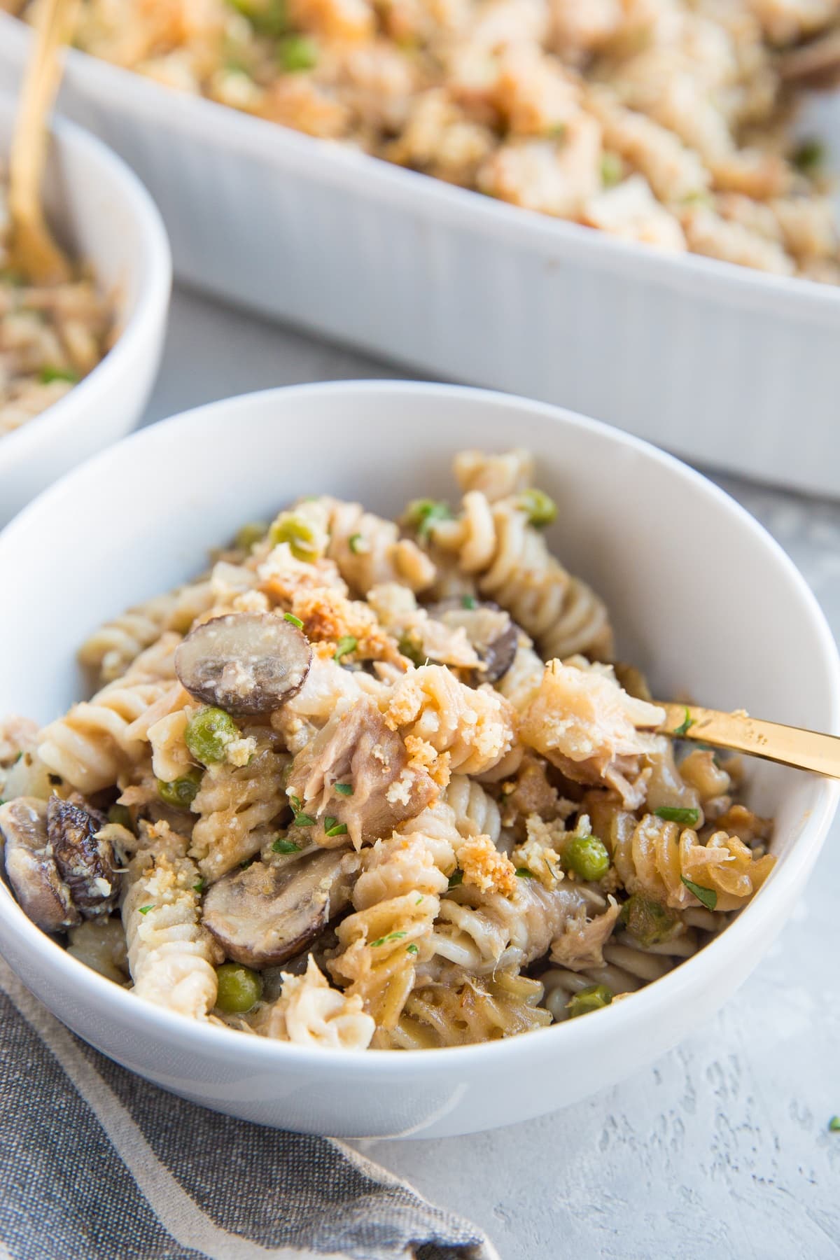 Tuna Noodle Casserole made with gluten-free pasta noodles and no cream or milk. An easy and delicious casserole recipe
