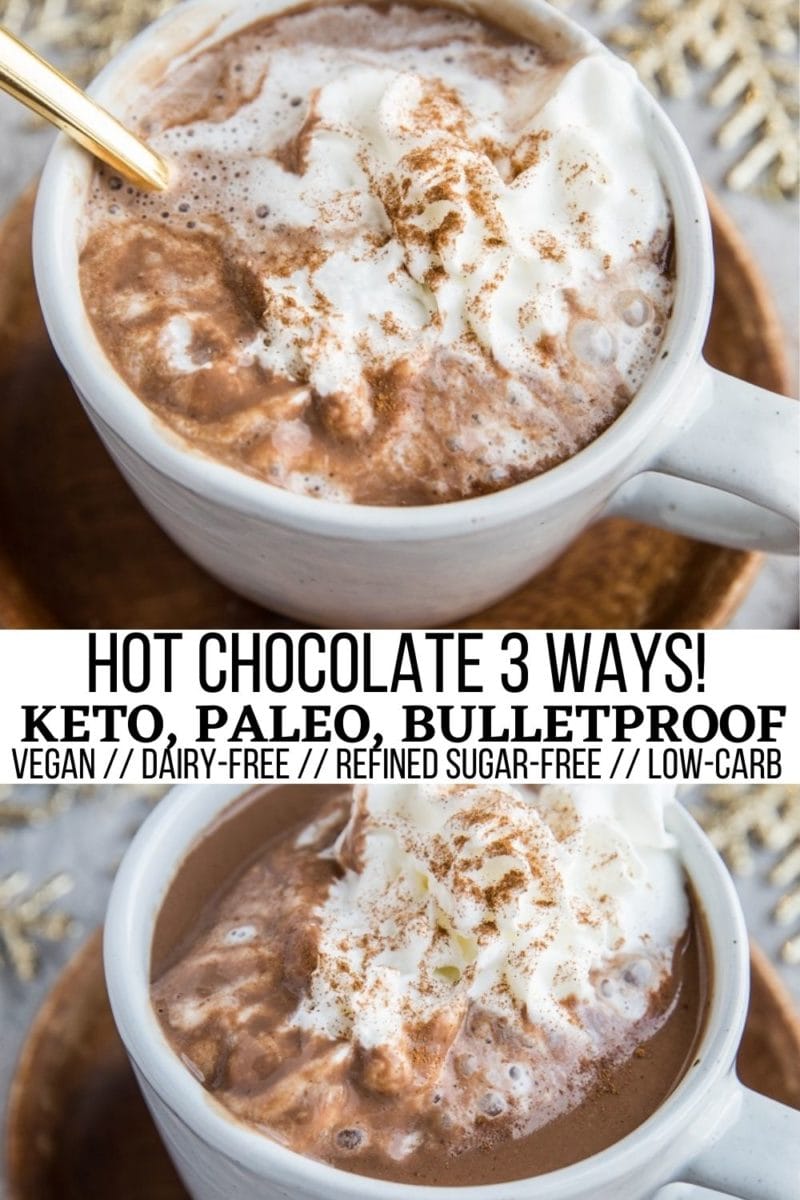 Keto Hot Chocolate Recipe with a paleo option. This dairy-free, vegan, sugar-free, low-carb hot cocoa is a healthier alternative to the classic recipe.  Rich and creamy, you can play with non-dairy milks and refined sugar-free sweeteners to find your own version of hot chocolate perfection!  This post includes three different recipes for hot cocoa - keto hot chocolate, bulletproof hot chocolate, and paleo hot chocolate.
