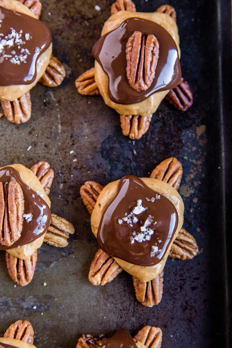 Easy Pecan Turtle Candy with Peanut Butter and Chocolate Shells - vegan, sugar-free, keto and lots of fun to make!
