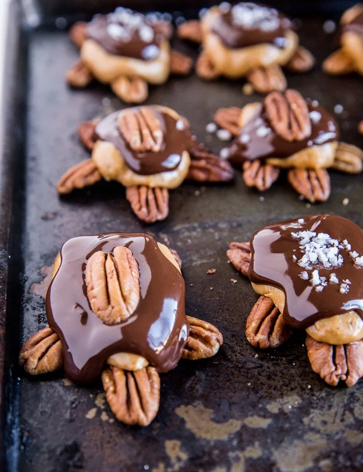 Pecan Turtle Candy with Peanut Butter and Chocolate Shells - no-bake dessert recipe that is vegan, keto, and low-carb