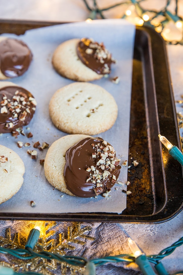 Tray of chocolate-dipped keto shortbread cookies