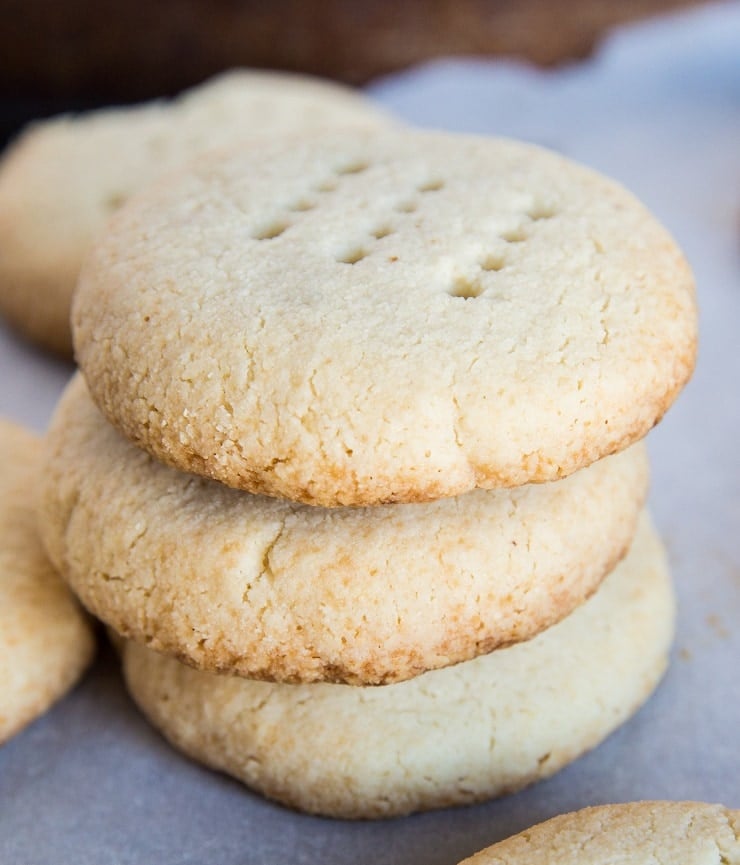 Stack of Low-Carb keto shortbread cookies on a baking sheet