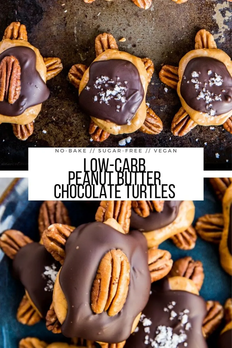 Low-Carb Chocolate Pecan Turtles with peanut butter - vegan, no-bake, dairy-free, sugar-free adorable easy candy recipe