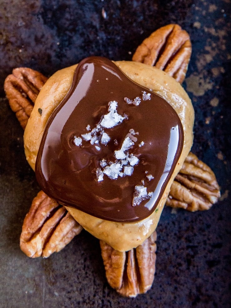 Peanut Butter Chocolate Pecan Turtle made sugar-free, low-carb, keto and vegan