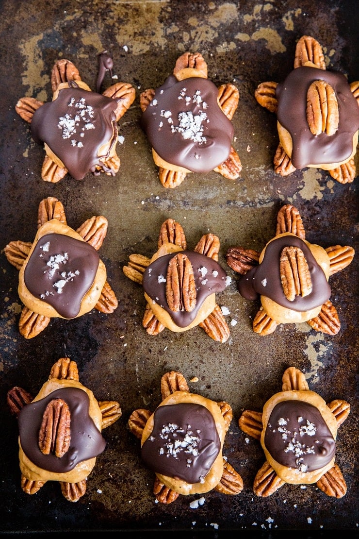 Sugar-Free Pecan Turtles with peanut butter and chocolate shell. Vegan, keto, low-carb and fun!