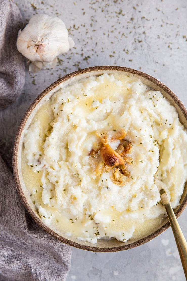 Keto Roasted Garlic Cauliflower Mash - easy mashed cauliflower that is low-carb and keto