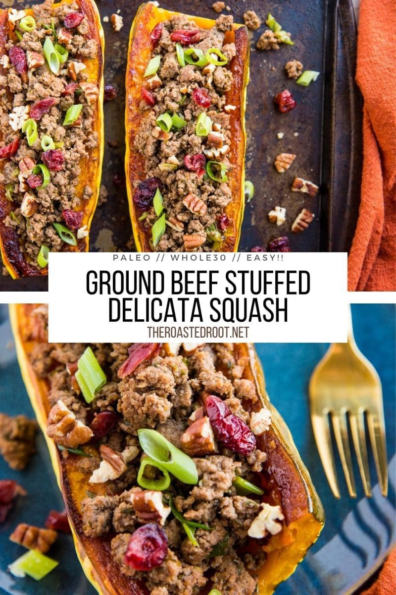 Stuffed Delicata Squash with Ground Beef, dried cranberries, pecans, and green onion - a simple, filling clean dinner recipe. Paleo, whole30, grain-free, delicious!