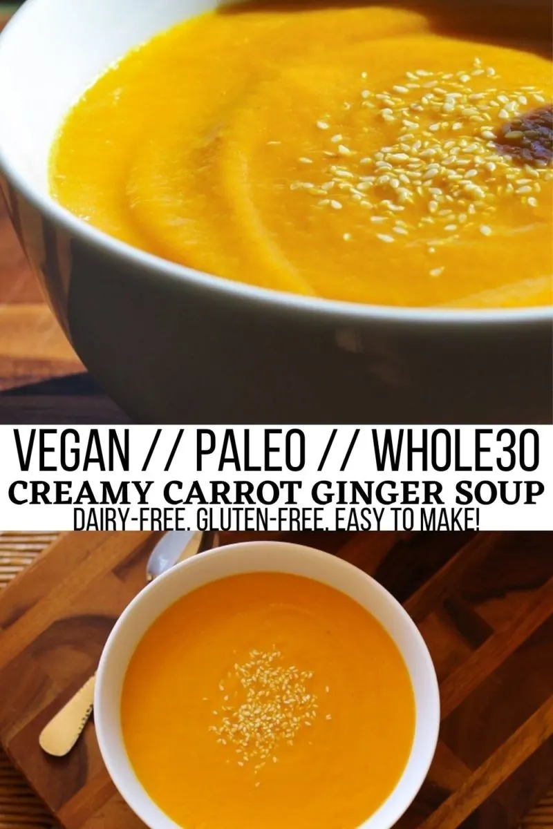 Creamy Carrot Ginger Soup with coconut milk and cumin - a silky smooth healthy carrot soup recipe with Thai flavors - paleo, vegan, whole30