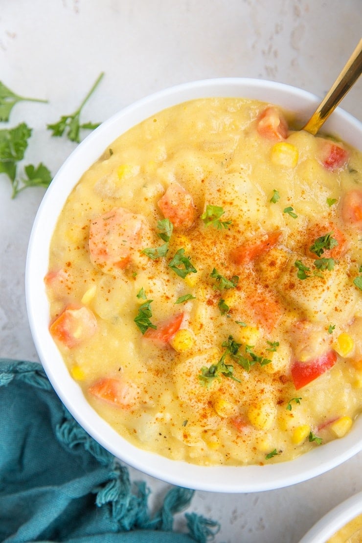 Dairy-Free Vegan Corn Chowder with vegetables - thick creamy chowder recipe that requires no flour, butter, or milk