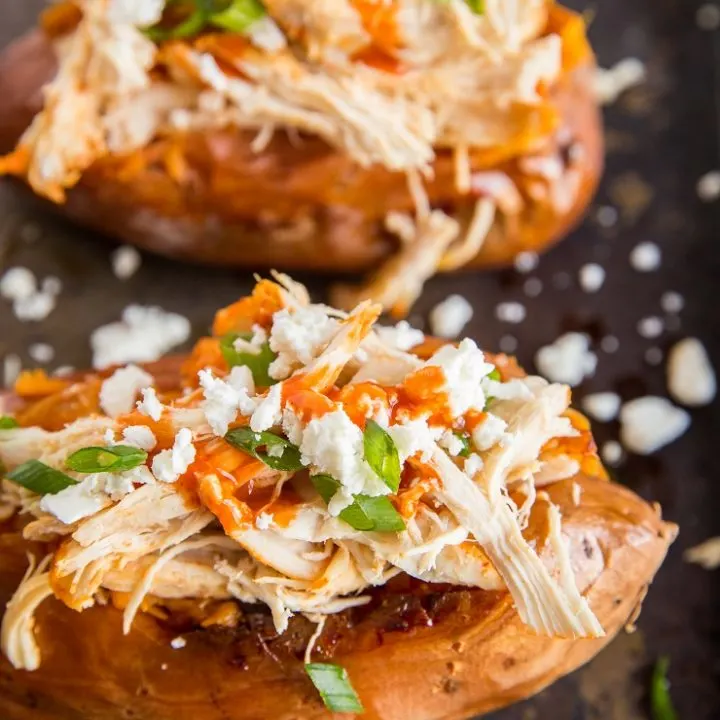 Buffalo Chicken Stuffed Sweet Potatoes - quick, easy dinner recipe with only a handful of basic ingredients!