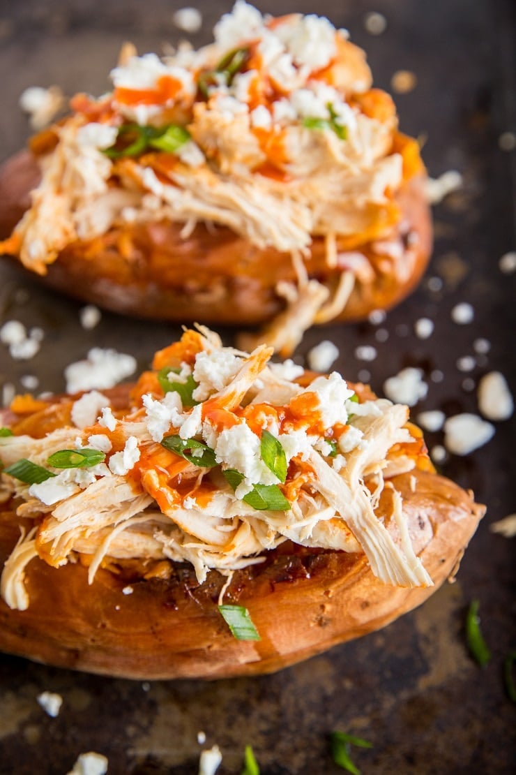 Buffalo Chicken Stuffed Sweet Potatoes - quick, easy dinner recipe with only a handful of basic ingredients!