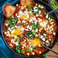 Eggplant Chickpea and Chard Shakshuka - a healthy delicious poached eggs in tomato sauce recipe.