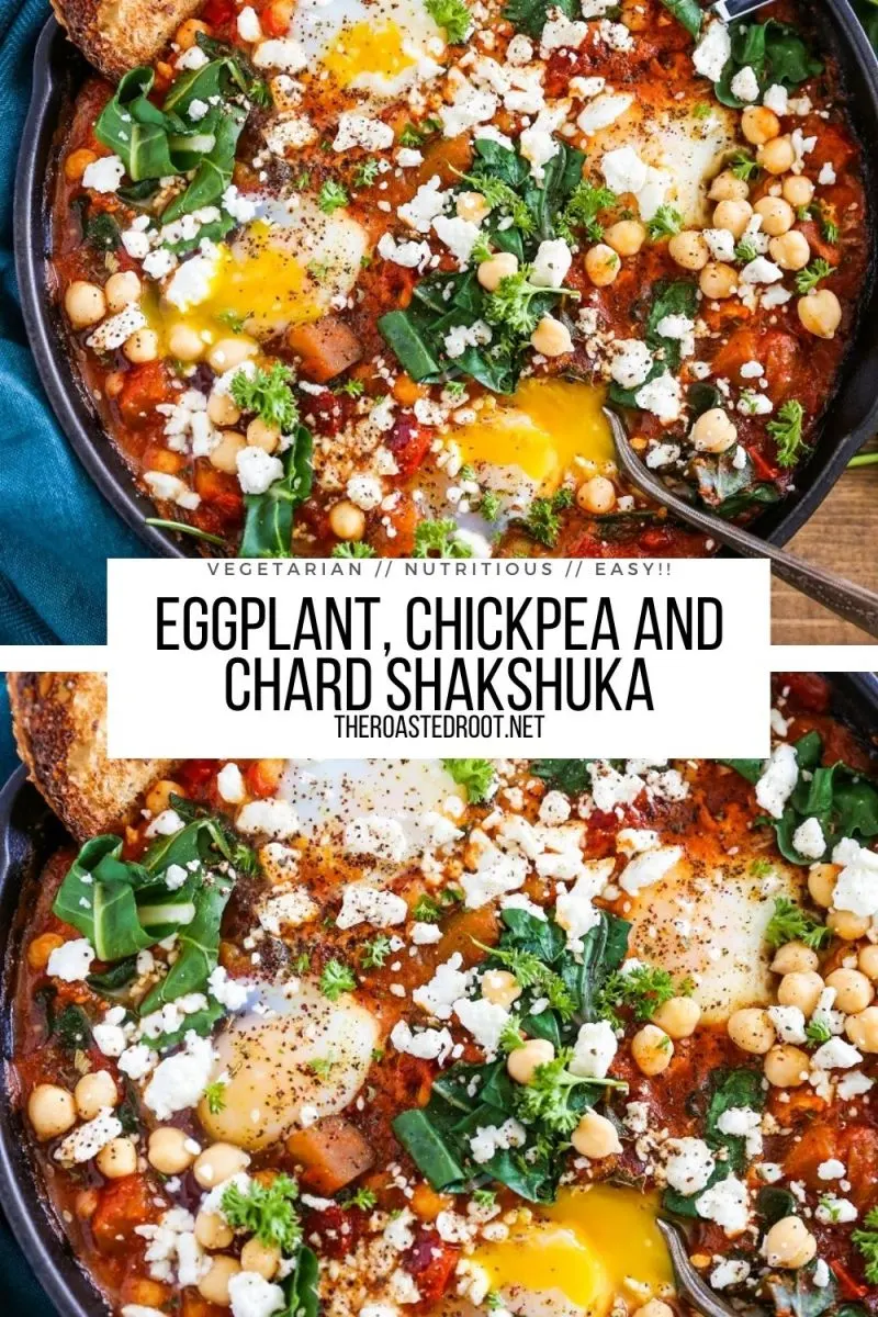 Eggplant Chickpea and Chard Shakshuka Recipe - an easy, flavorful poached eggs in tomato sauce - vegetarian breakfast lunch or dinner recipe