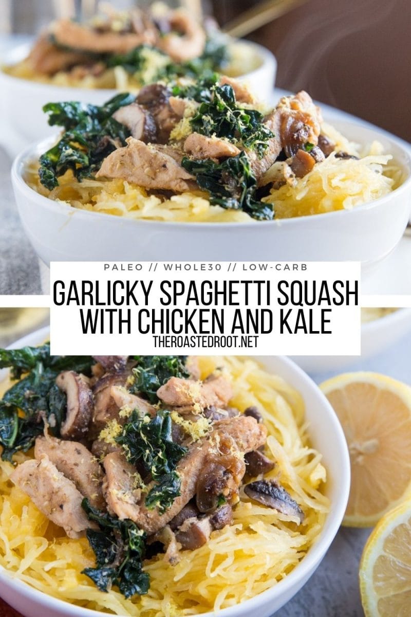 Garlicky Chicken Spaghetti Squash with Mushrooms, Kale, Onion, and Garlic - an easy healthy dinner recipe - whole30, paleo, keto, low-carb, and delicious