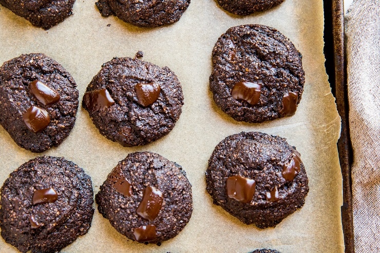 Keto Double Chocolate Chip Cookies - grain-free, sugar-free low-carb cookie recipe loaded with rich chocolate flavor!