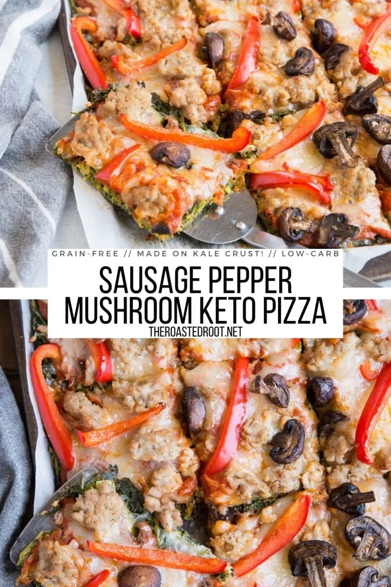 Keto Sausage Pizza on KALE crust! Grain-free, flourless, healthy pizza recipe with sausage, mushrooms, garlic, sun-dried tomatoes and peppers