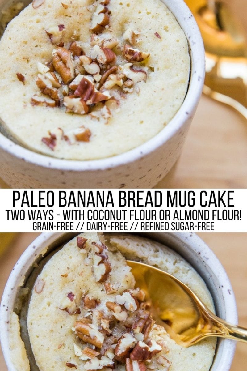 Paleo Banana Mug Cake - Grain-free, refined sugar-free, dairy-free single-serve breakfast or dessert recipe! This post includes two versions - one with coconut flour and one with almond flour.