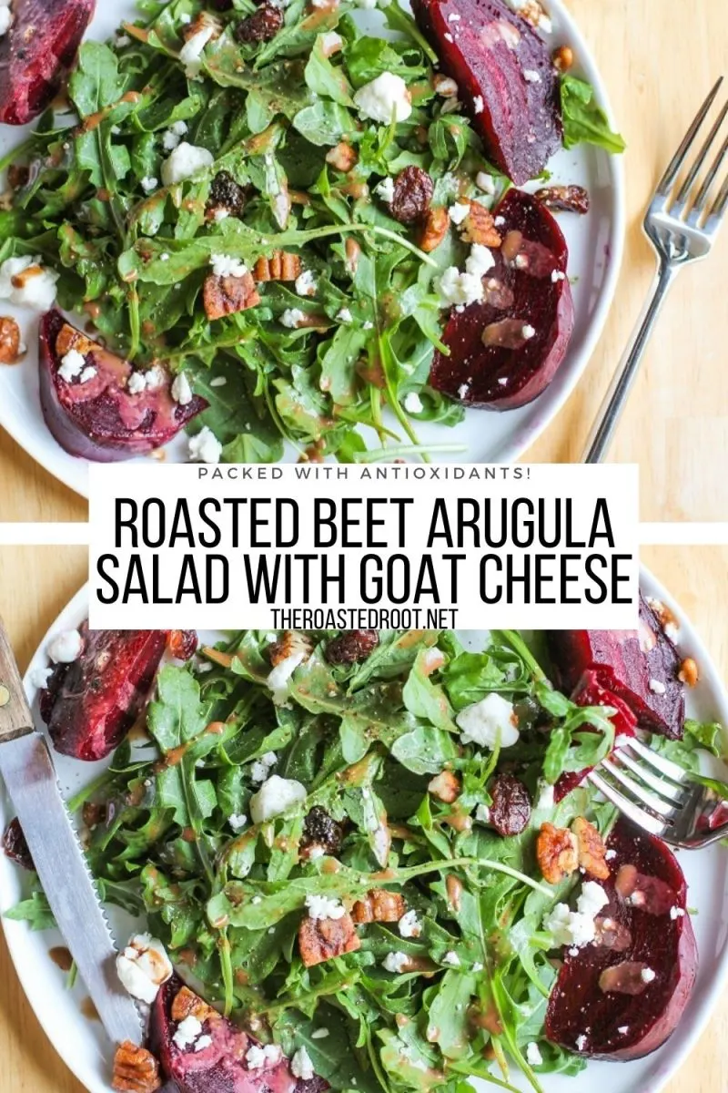 Roasted Beet Arugula Salad with Goat Cheese, Pecans, Dried Cranberries and homemade balsamic vinaigrette - flavorful, loaded with nutrients!