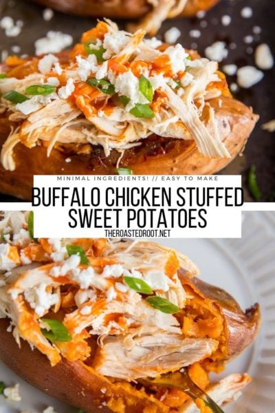 Buffalo Chicken Stuffed Sweet Potatoes - The Roasted Root