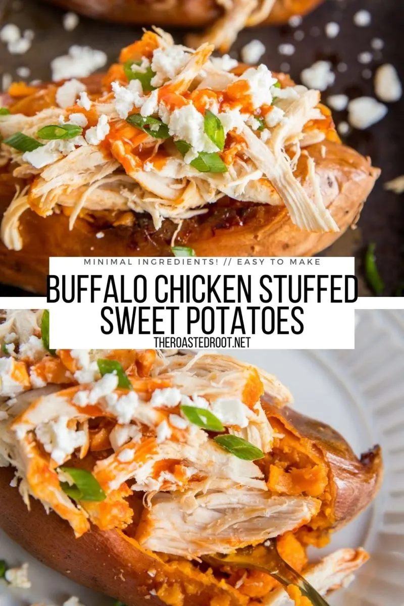 Shredded Buffalo Chicken Stuffed Sweet Potatoes with green onions and feta cheese are a healthy dinner recipe or even appetizer for game day!