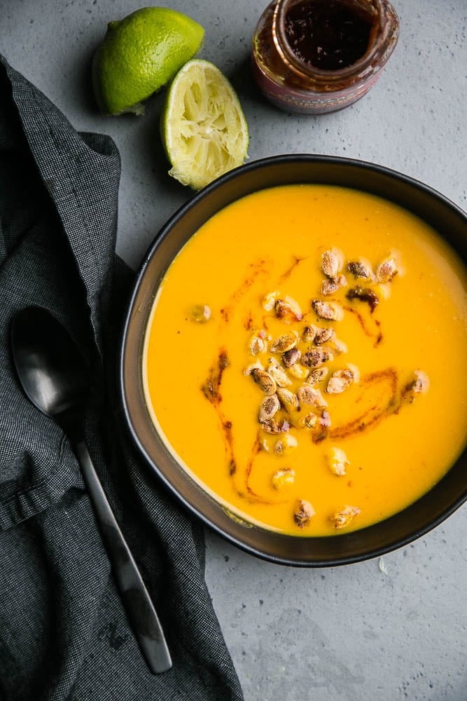 Easy Chipotle Lime Winter Squash Soup with butternut squash or kabocha squash