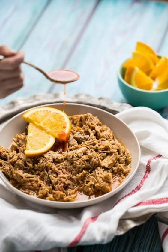 Hot Sweet and Sour Pulled Pork with slow cooker and instant pot instructions.