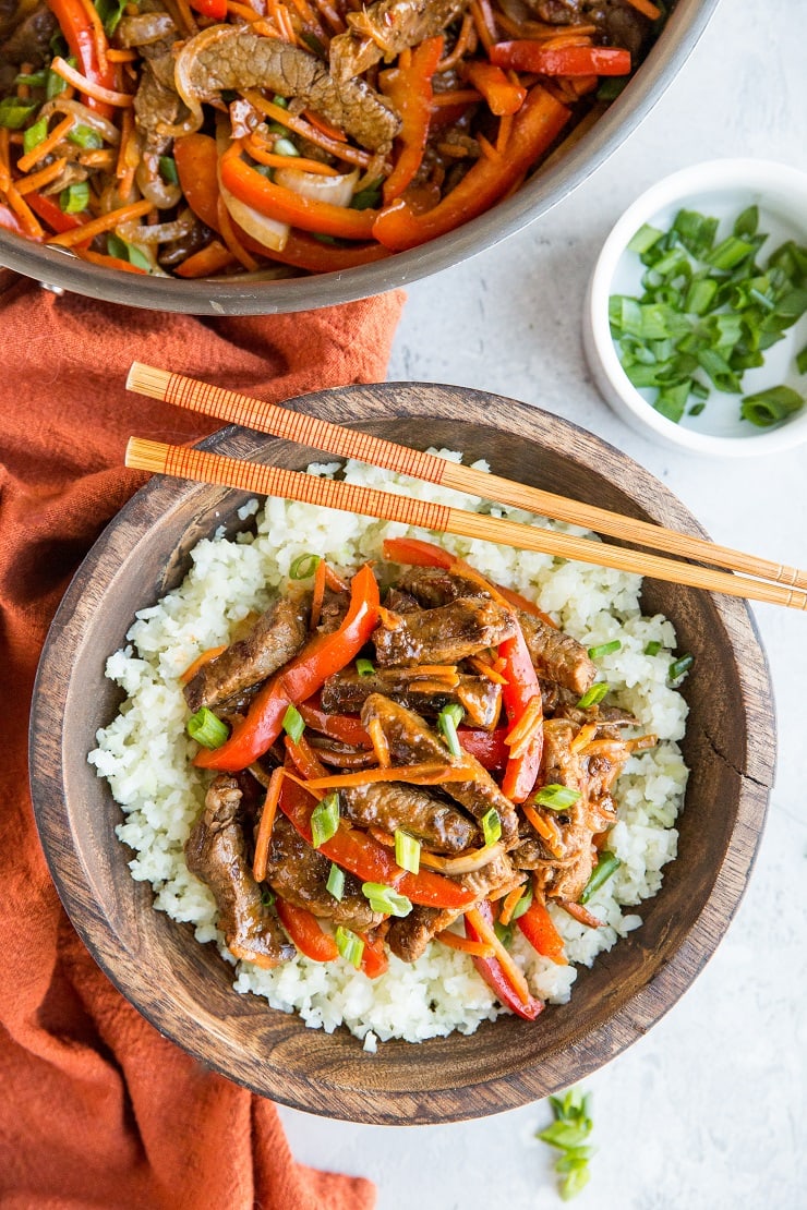 Easy Healthy Szechuan Beef Recipe (paleo, whole30, keto) with cauliflower rice - a nutritious dinner recipe