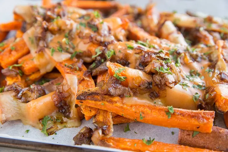 Animal Style Sweet Potato Fries - loaded fries recipe with cheese, caramelized onions and special sauce