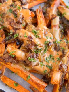 Sweet Potato Animal Style Fries - loaded fries with cheese, caramelized onions and special sauce