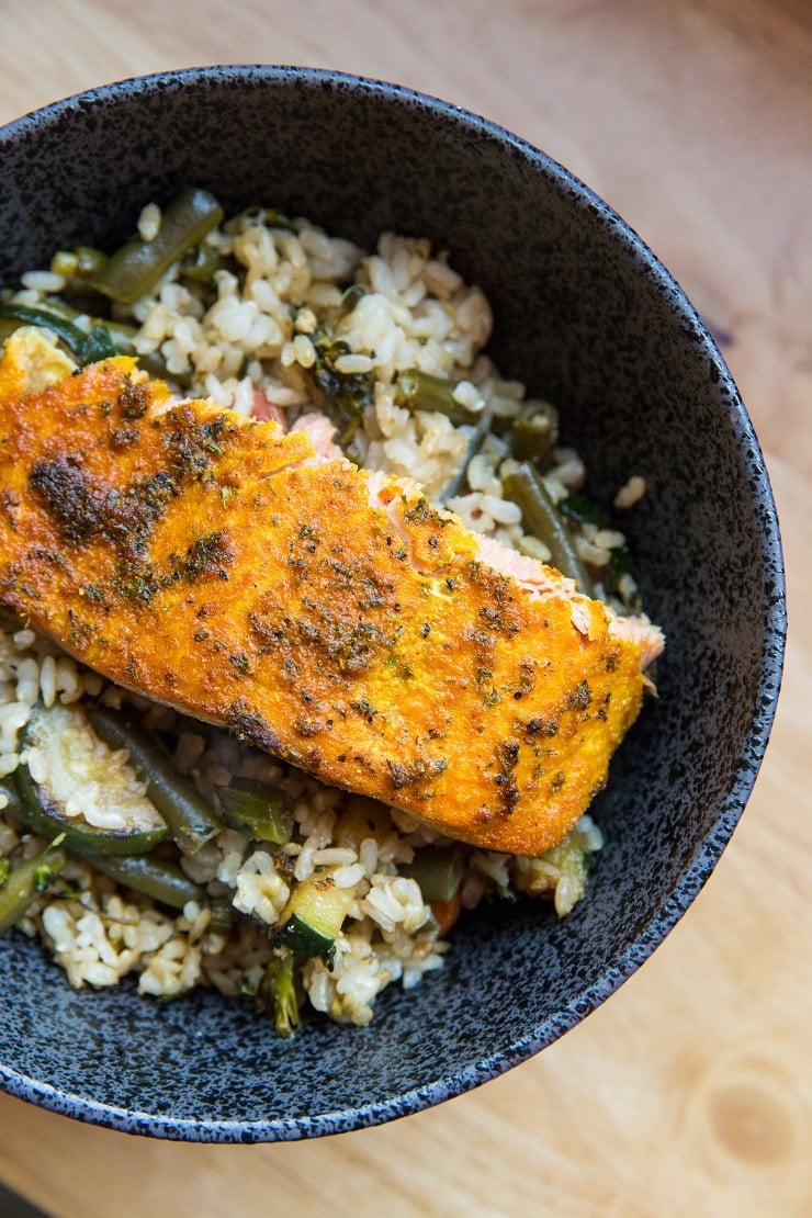 Turmeric Baked Salmon with vegetables and rice