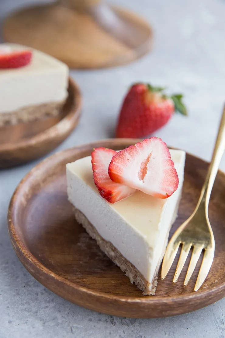 Healthier Cheesecake Recipe made paleo and dairy-free. Easy, creamy, delicious!