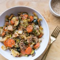 Chicken Egg Roll in a Bowl with vegetables - a healthy dinner recipe with marinated chicken, cabbage, ginger, garlic, carrots, and zucchini