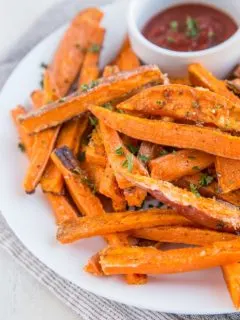 Crispy Sweet Potato Fries - a photo tutorial on how to make the crispiest, best sweet potato fries in the oven or air fryer!