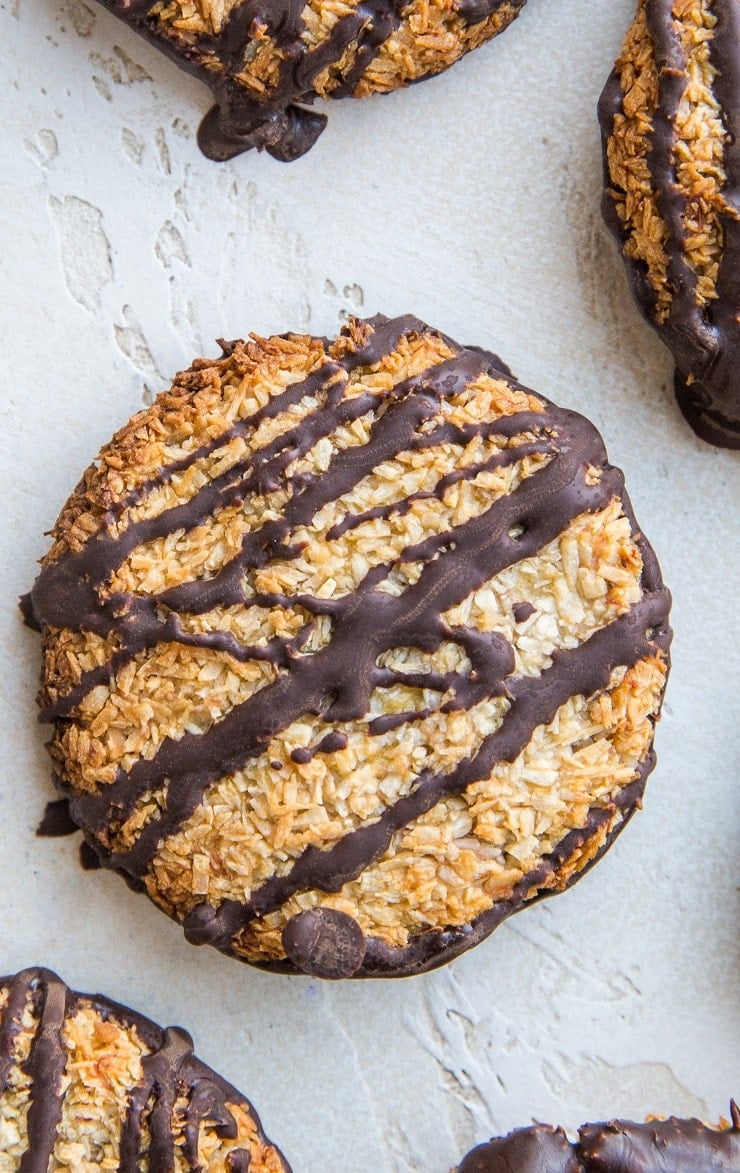 4-Ingredient Healthy Samoa Cookies - a copycat Girl Scout cookies recipe made healthier and paleo friendly