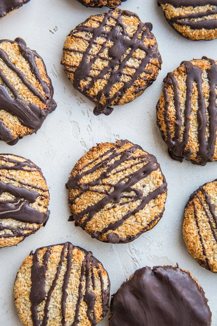Healthy Samoa Cookies recipe - grain-free, dairy-free, only 4 ingredients needed. A copycat Girl Scouts Samoas or Caramel deLites recipe