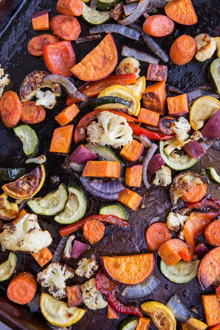 Roasted vegetables on a baking sheet