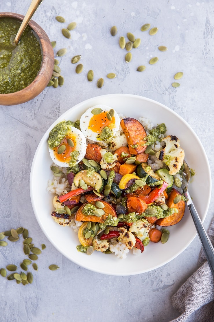 Roasted Vegetable Rice Bowls with Jammy Egg and Pesto - vegetarian, healthy, delicious macronutrient bowl