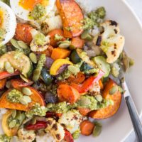 Roasted Vegetable Rice Bowls with Jammy Egg and Pesto