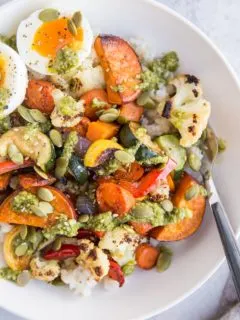 Roasted Vegetable Rice Bowls with Jammy Egg and Pesto