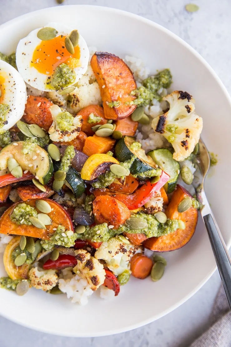 Roasted Vegetable Rice Bowls with Jammy Egg and Pesto