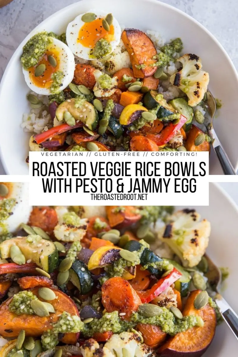 Roasted Vegetable Rice Bowls with Pesto Sauce, Jammy Egg, and Pumpkin Seeds - a delicious, comforting dinner recipe!