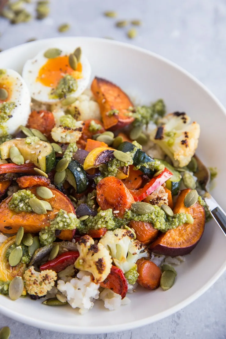 Roasted Vegetable Rice Bowls with Jammy Egg and Pesto - vegetarian, healthy, delicious macronutrient bowl