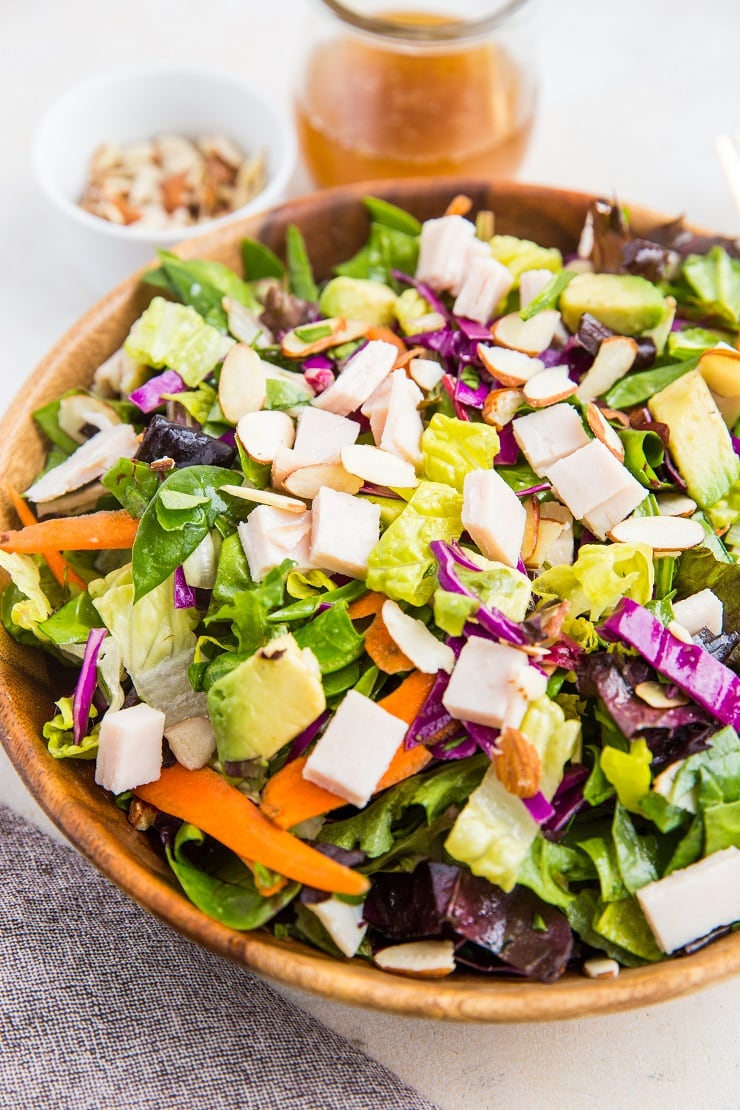 Turkey Avocado Chopped Salad with Sesame Ginger Dressing and sliced almonds - an easy, healthy filling salad recipe