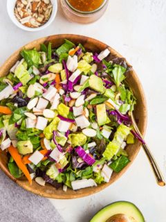 Sesame Turkey Avocado Chopped Salad with ginger sesame dressing and sliced almonds. A healthy, filling salad dressing recipe - paleo, whole30, low-carb, nutritious.