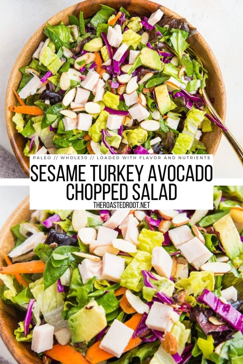 Sesame Turkey Avocado Chopped Salad with ginger sesame dressing and sliced almonds. A healthy, filling salad dressing recipe - paleo, whole30, low-carb, nutritious.