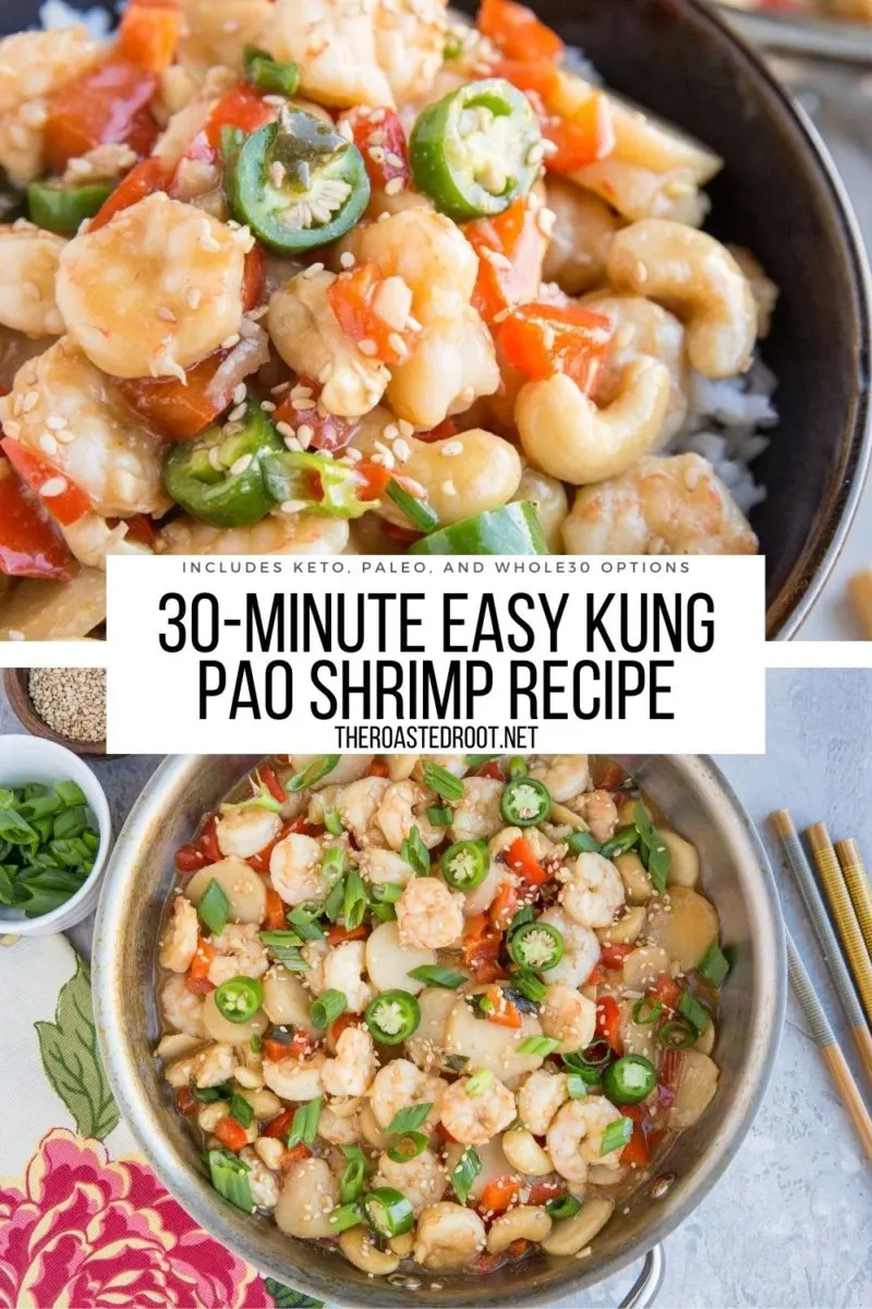 Quick, easy, healthy 30-minute Kung Pao Shrimp Recipe with options for paleo, keto, and Whole30! This recipe requires few ingredients and makes an amazing healthy dinner