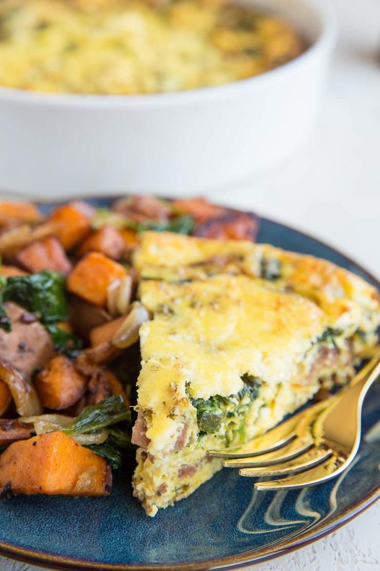 Crustless Spinach Quiche with bacon, onions, and feta cheese. A delicious breakfast or brunch recipe