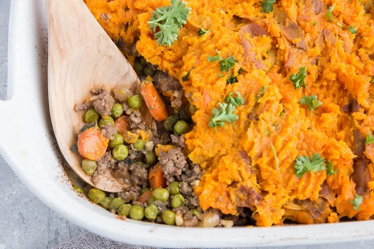 How to make easy Shepherd's Pie with minimal ingredients and sweet potatoes instead of white potatoes.
