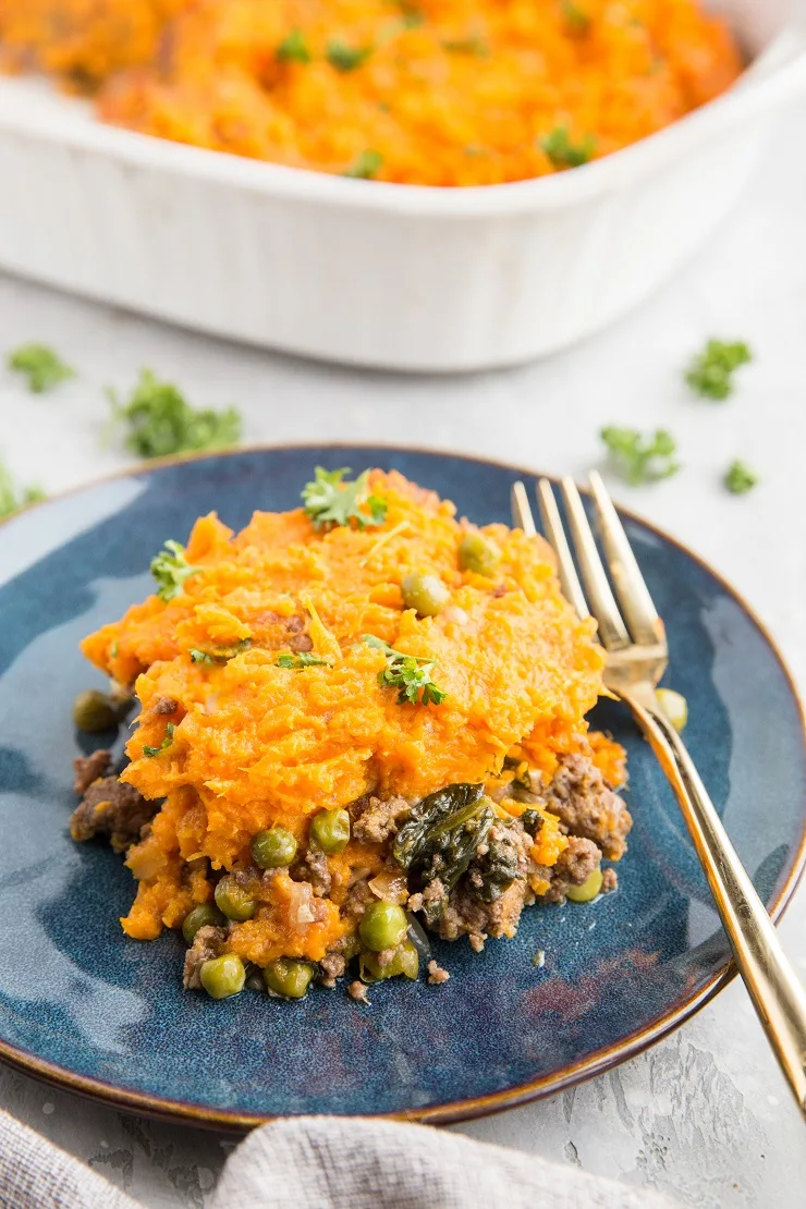Easy Shepherd's Pie recipe with sweet potatoes - a healthy, quick version of Shepherd's pie with ground beef or lamb