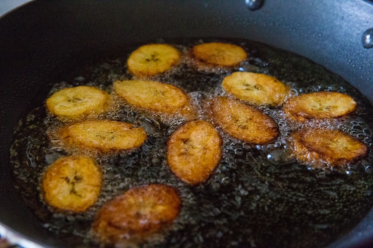Fry the plantains until they are deeply golden-brown